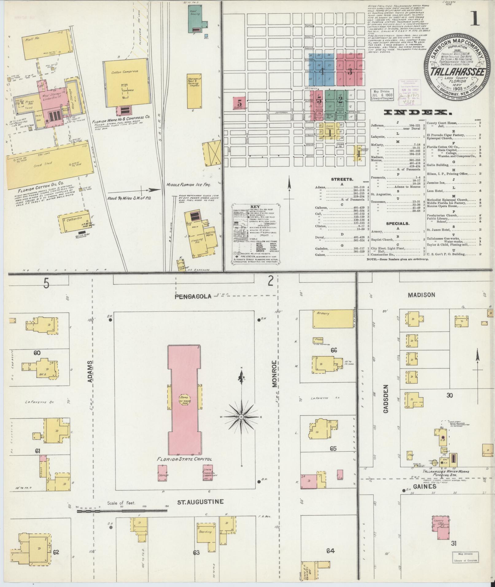 Sanborn Fire Insurance Map from Tallahassee, Leon County, Florida (1903), Sheet #0001 - Complete Map Set gallery image, historic Sanborn map, vintage wall art, Florida Florida