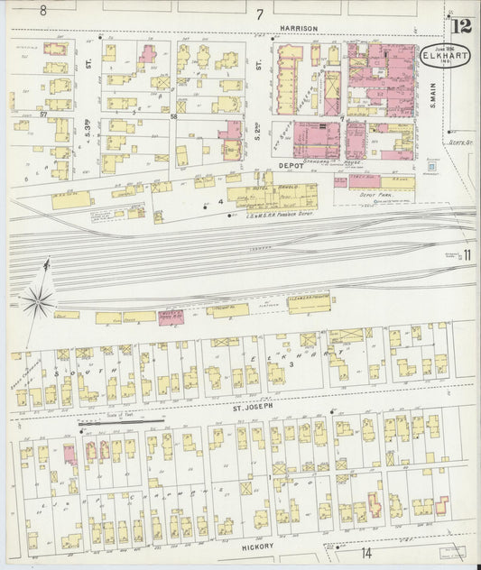 Sanborn Fire Insurance Map from Elkhart, Elkhart County, Indiana (1896), Sheet #0012 - Historic Sanborn Fire Insurance Map Print, vintage old map wall art, antique decor, genealogy gift, Indiana Indiana map