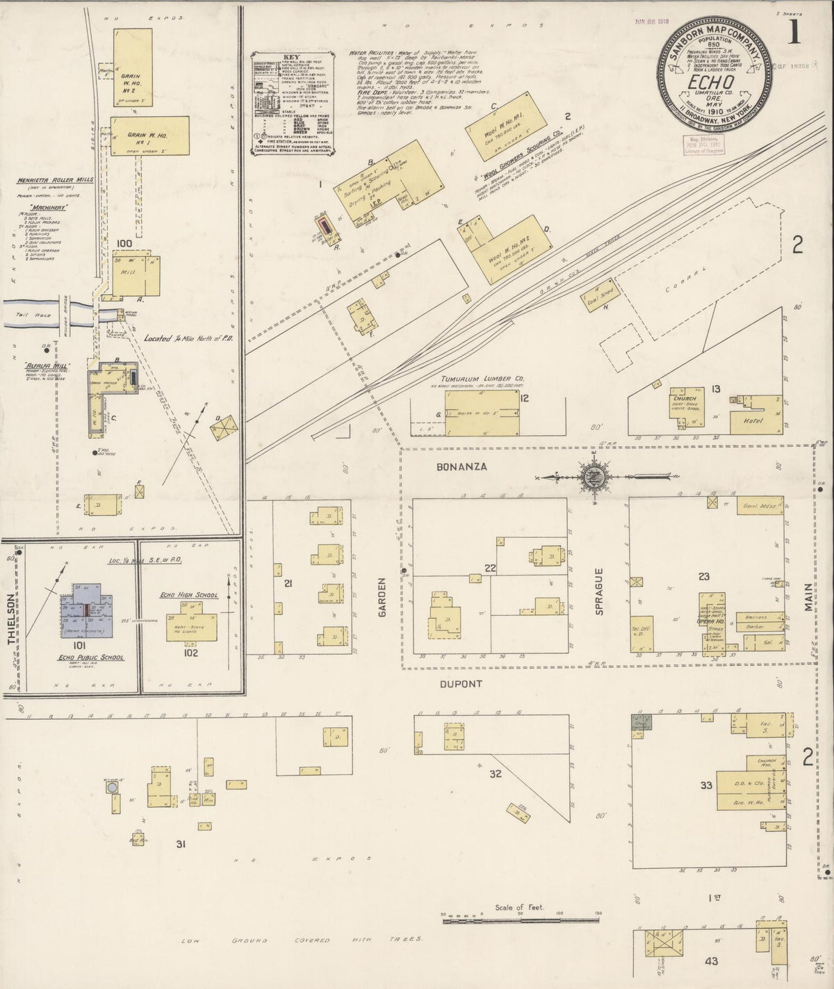 Sanborn Fire Insurance Map from Echo, Umatilla County, Oregon (1910), Sheet #0001 - Historic Sanborn Fire Insurance Map Print, vintage old map wall art, antique decor, genealogy gift, Oregon Oregon map