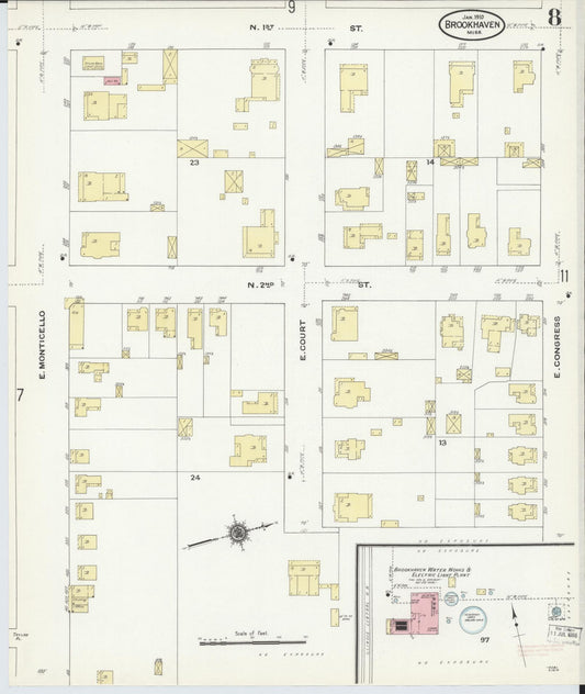 Sanborn Fire Insurance Map from Brookhaven, Lincoln County, Mississippi (1910), Sheet #0008 - Historic Sanborn Fire Insurance Map Print, vintage old map wall art, antique decor, genealogy gift, Mississippi Mississippi map