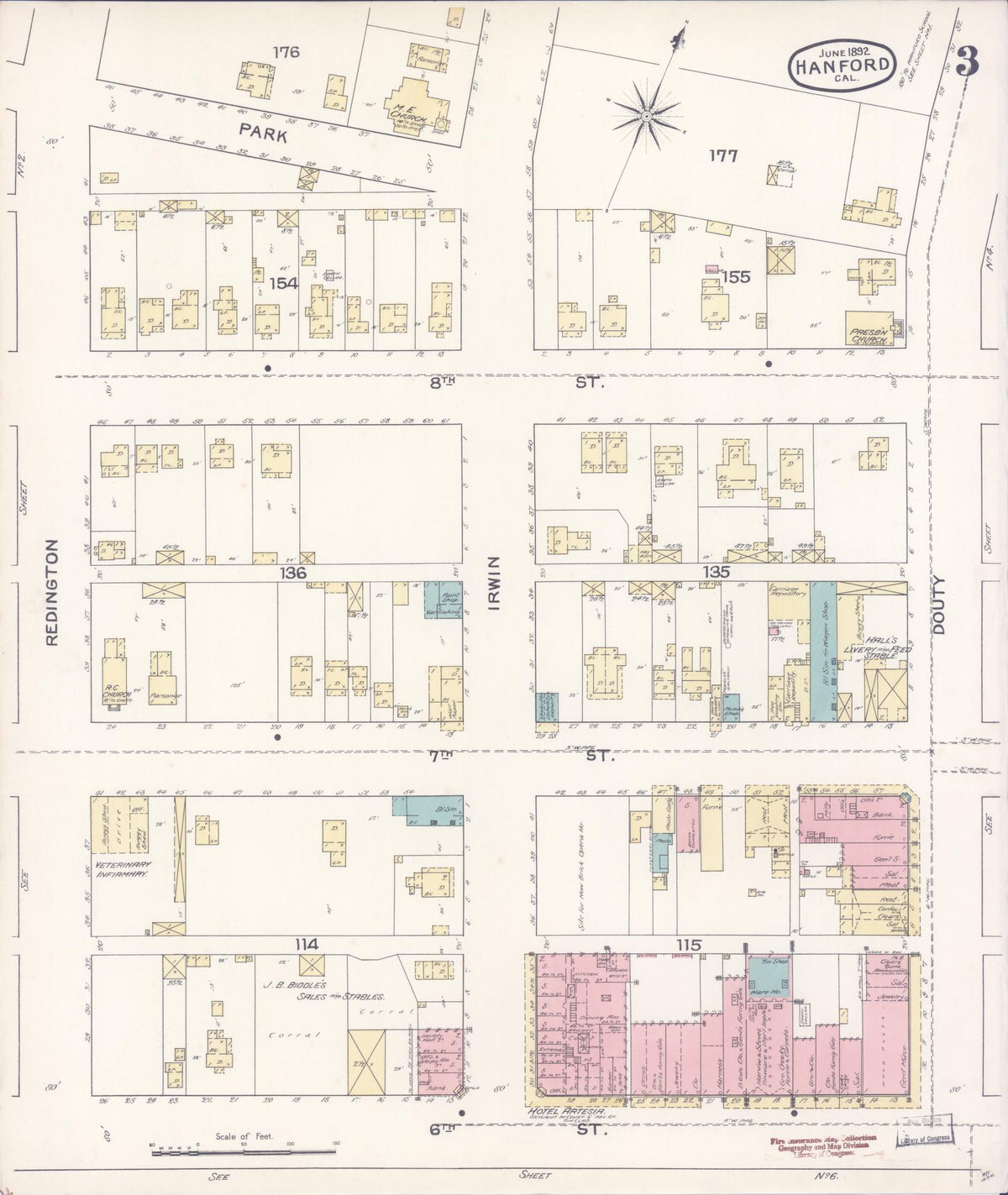 Sanborn Fire Insurance Map from Hanford, Kings County, California (1892), Sheet #0003 - Complete Map Set gallery image, historic Sanborn map, vintage wall art, California California