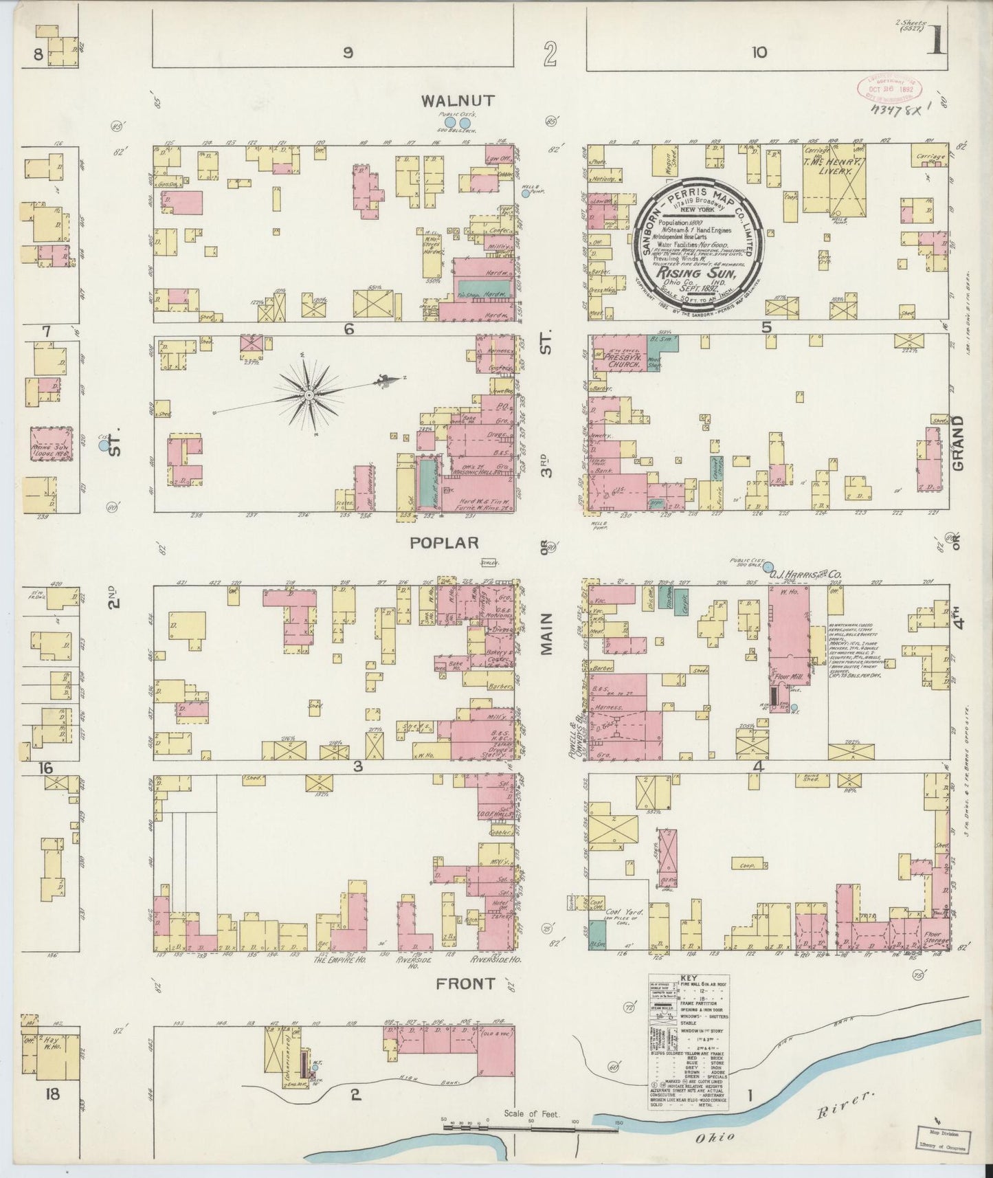 Sanborn Fire Insurance Map from Rising Sun, Ohio County, Indiana (1892), Sheet #0001 - Complete Map Set gallery image, historic Sanborn map, vintage wall art, Rising Sun Ohio