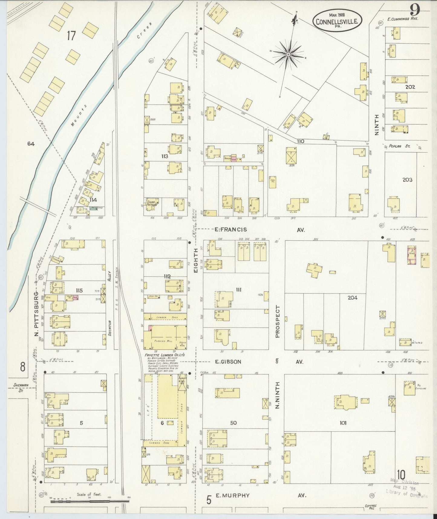 Sanborn Fire Insurance Map from Connellsville, Fayette County, Pennsylvania (1908), Sheet #0009 - Historic Sanborn Fire Insurance Map Print, vintage old map wall art, antique decor, genealogy gift, Pennsylvania Pennsylvania map