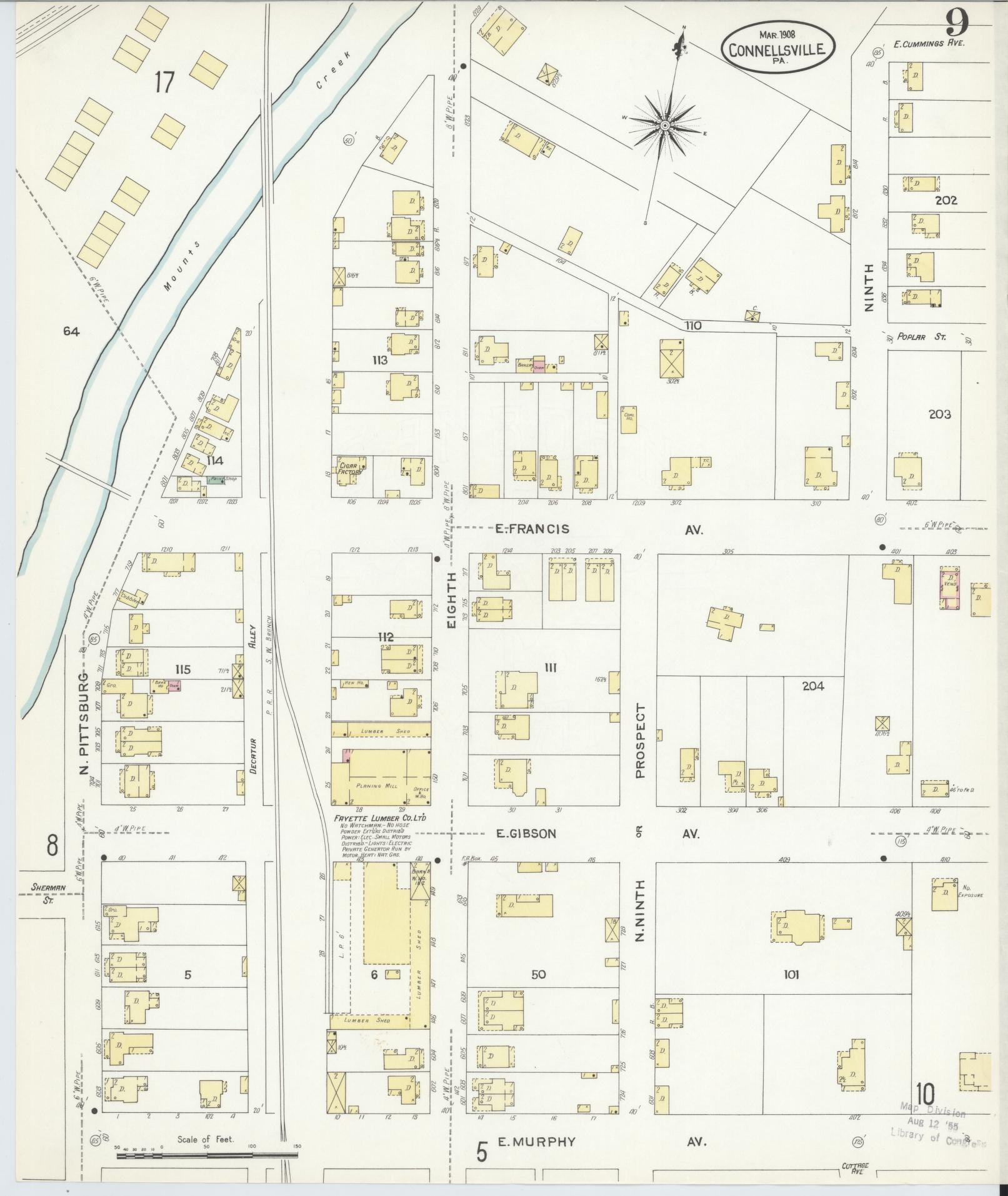 Sanborn Fire Insurance Map from Connellsville, Fayette County, Pennsylvania (1908), Sheet #0009 - Historic Sanborn Fire Insurance Map Print, vintage old map wall art, antique decor, genealogy gift, Pennsylvania Pennsylvania map
