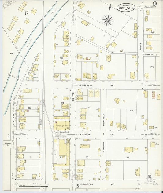 Sanborn Fire Insurance Map from Connellsville, Fayette County, Pennsylvania (1908), Sheet #0009 - Historic Sanborn Fire Insurance Map Print, vintage old map wall art, antique decor, genealogy gift, Pennsylvania Pennsylvania map