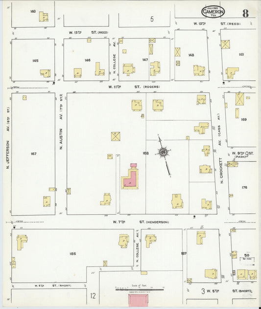 Sanborn Fire Insurance Map from Cameron, Milam County, Texas (1920), Sheet #0008 - Historic Sanborn Fire Insurance Map Print, vintage old map wall art, antique decor, genealogy gift, Texas Texas map