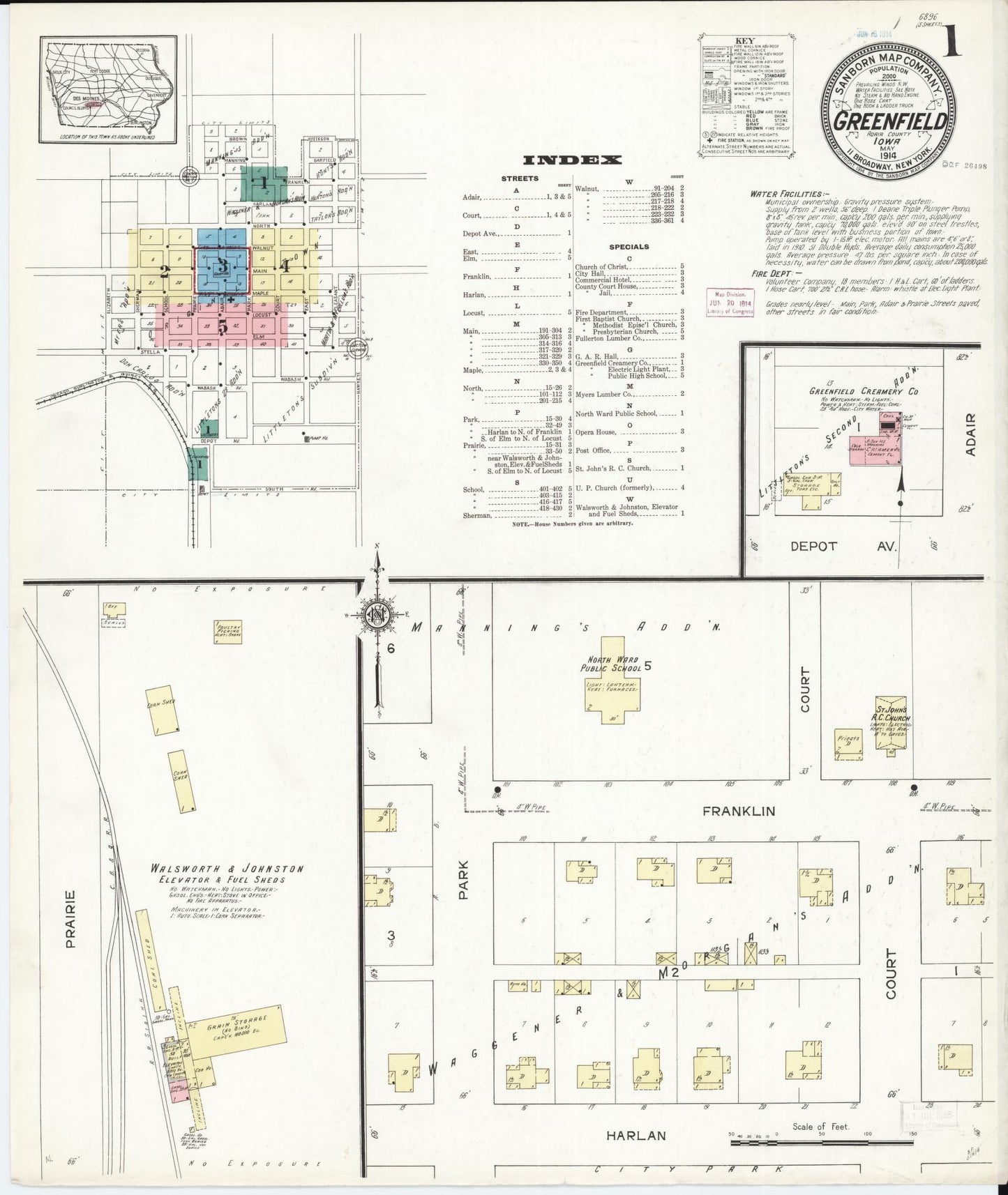 Sanborn Fire Insurance Map from Greenfield, Adair County, Iowa (1914), Sheet #0001 - Historic Sanborn Fire Insurance Map Print, vintage old map wall art