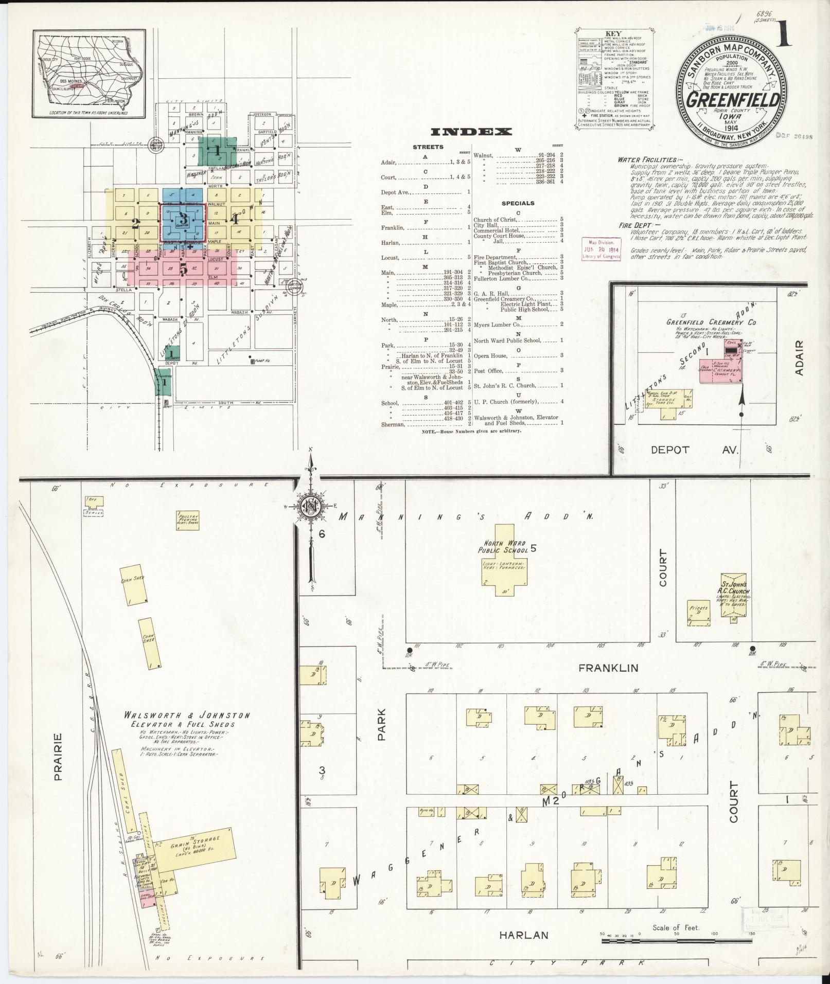 Sanborn Fire Insurance Map from Greenfield, Adair County, Iowa (1914), Sheet #0001 - Historic Sanborn Fire Insurance Map Print, vintage old map wall art