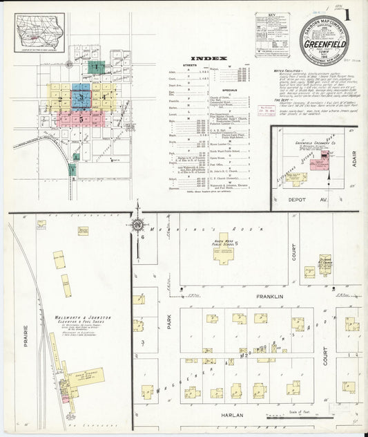 Sanborn Fire Insurance Map from Greenfield, Adair County, Iowa (1914), Sheet #0001 - Historic Sanborn Fire Insurance Map Print, vintage old map wall art
