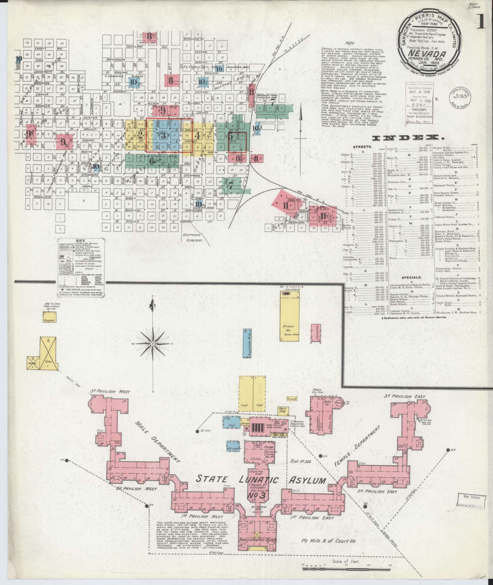 Sanborn Fire Insurance Map from Nevada, Vernon County, Missouri (1900), Sheet #0001 - Historic Sanborn Fire Insurance Map Print, vintage old map wall art, antique decor, genealogy gift, Nevada Nevada map