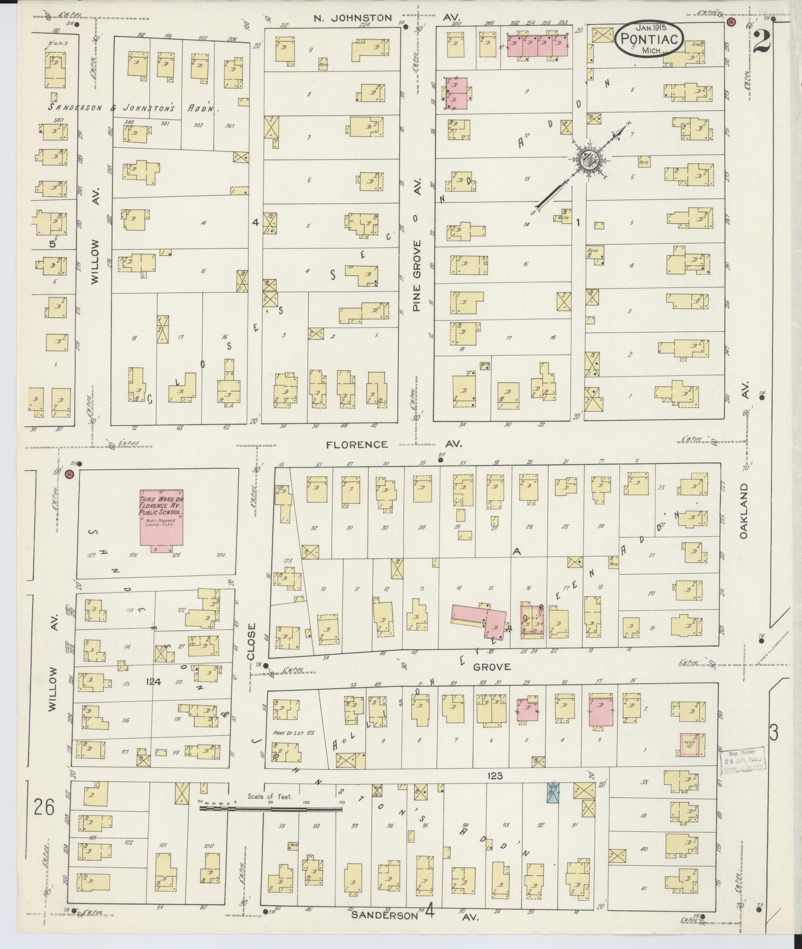 Sanborn Fire Insurance Map from Pontiac, Oakland County, Michigan (1915), Sheet #0002 - Complete Map Set gallery image, historic Sanborn map, vintage wall art, Michigan Michigan