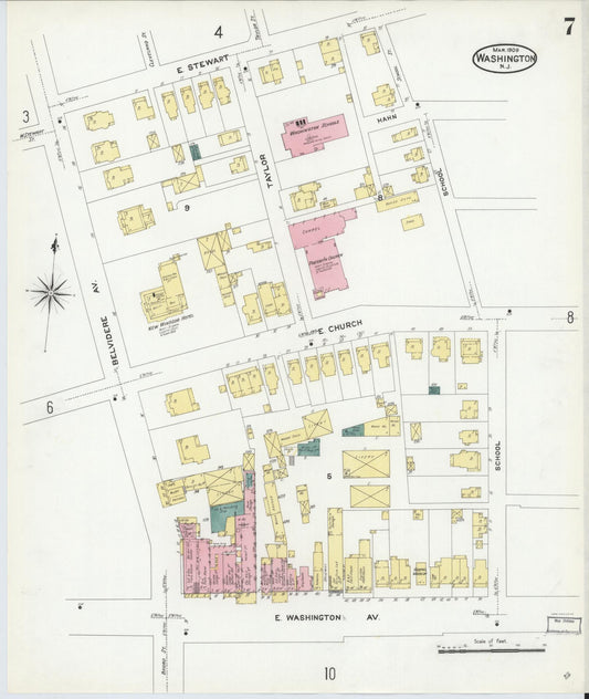 Sanborn Fire Insurance Map from Washington, Warren County, New Jersey (1909), Sheet #0007 - Historic Sanborn Fire Insurance Map Print, vintage old map wall art, antique decor, genealogy gift, Washington Washington map