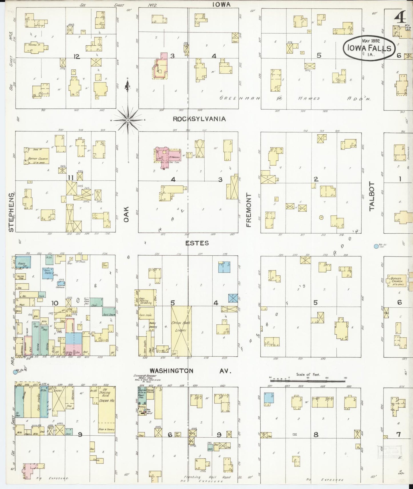 Sanborn Fire Insurance Map from Iowa Falls, Hardin County, Iowa (1892), Sheet #0004 - Historic Sanborn Fire Insurance Map Print, vintage old map wall art