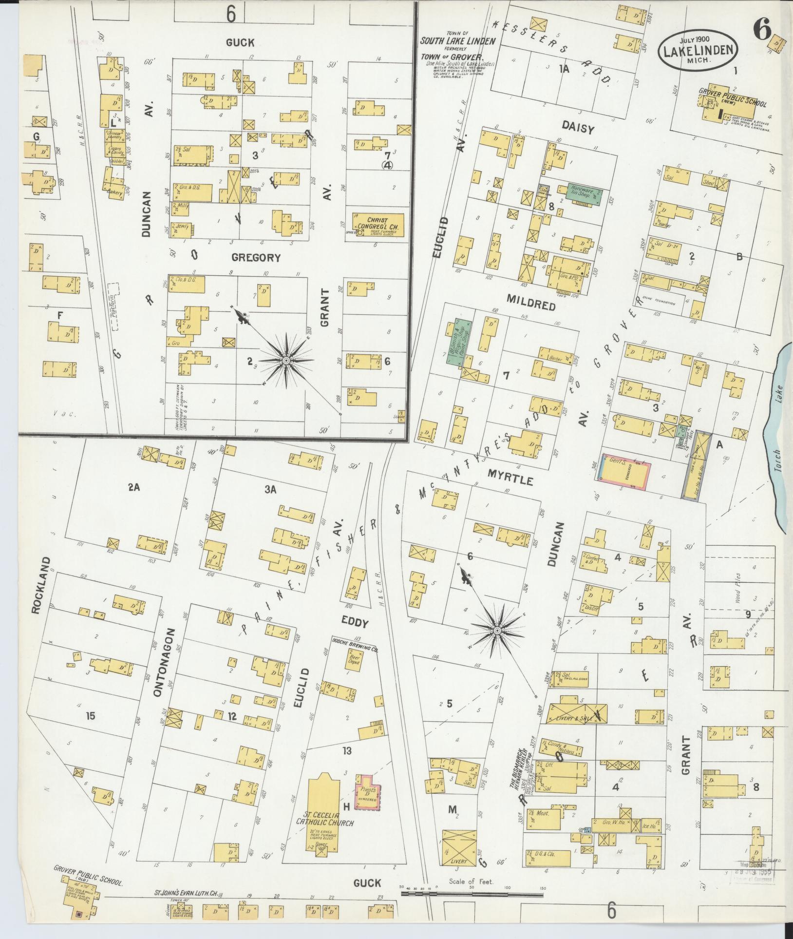 Sanborn Fire Insurance Map from Lake Linden, Houghton County, Michigan (1900), Sheet #0006 - Historic Sanborn Fire Insurance Map Print, vintage old map wall art, antique decor, genealogy gift, Michigan Michigan map