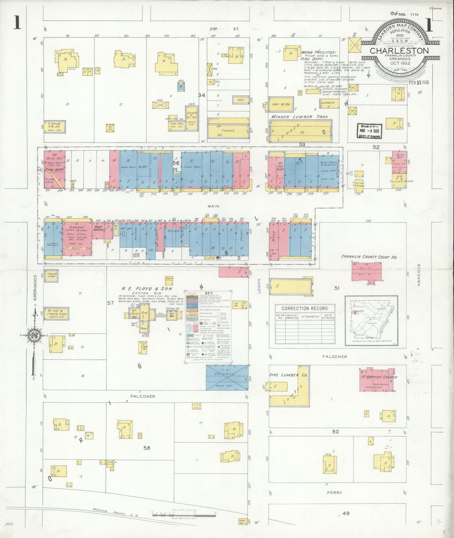 Sanborn Fire Insurance Map from Charleston, Franklin County, Arkansas (1932), Sheet #0001 - Complete Map Set gallery image, historic Sanborn map, vintage wall art, Arkansas Arkansas