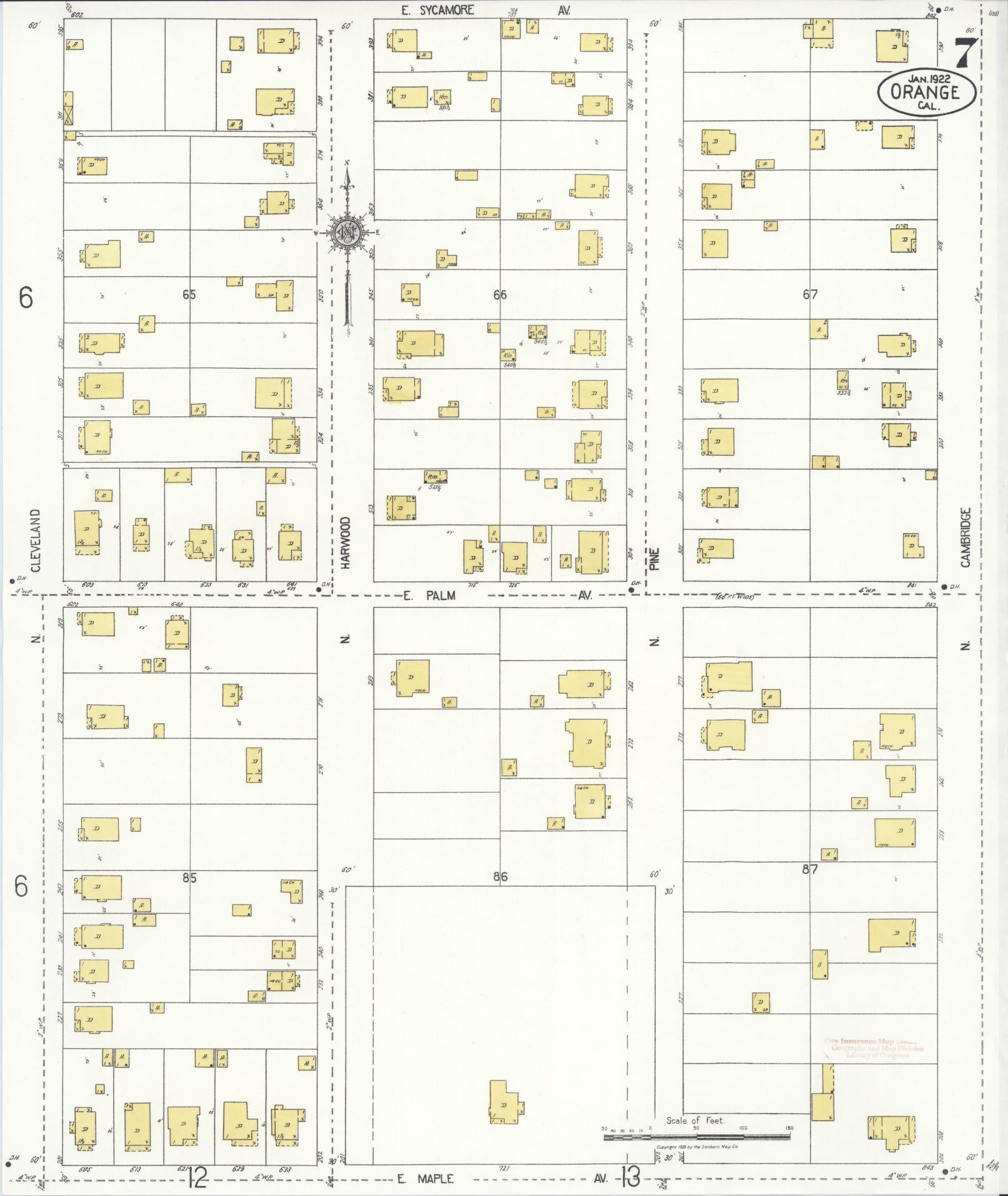 Sanborn Fire Insurance Map from Orange, Orange County, California (1922), Sheet #0007 - Complete Map Set gallery image, historic Sanborn map, vintage wall art, California California