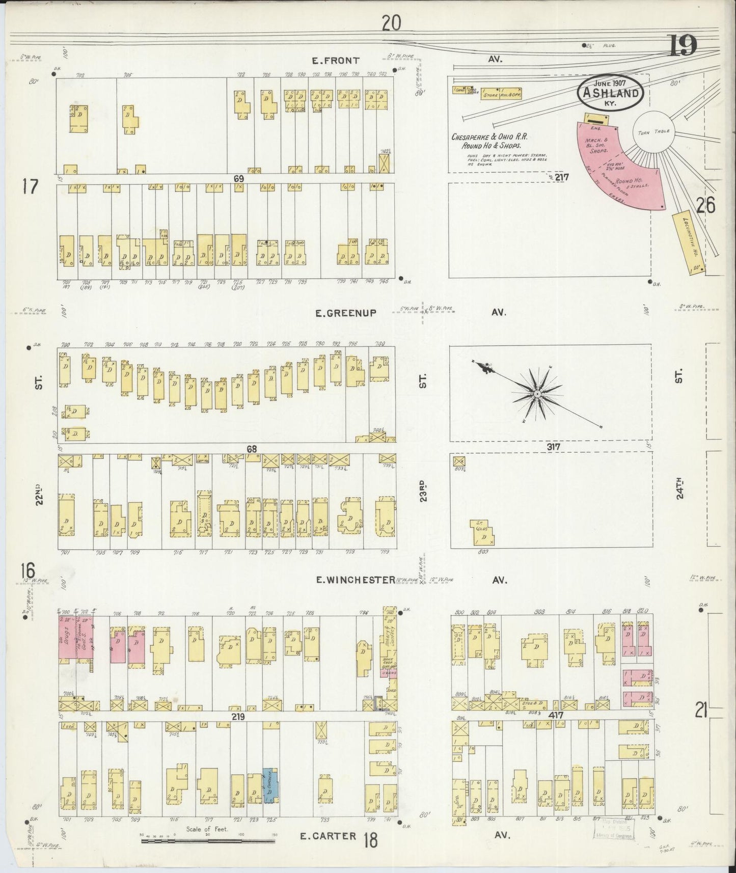 Sanborn Fire Insurance Map from Ashland, Boyd County, Kentucky (1907), Sheet #0019 - Complete Map Set gallery image, historic Sanborn map, vintage wall art, Kentucky Kentucky