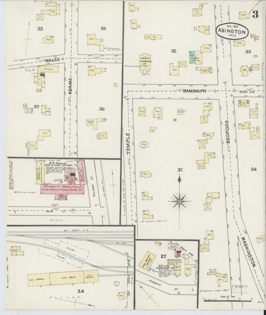 Sanborn Fire Insurance Map from Abington, Plymouth County, Massachusetts (1891), Sheet #0003 - Historic Sanborn Fire Insurance Map Print, vintage old map wall art, antique decor, genealogy gift, Massachusetts Massachusetts map