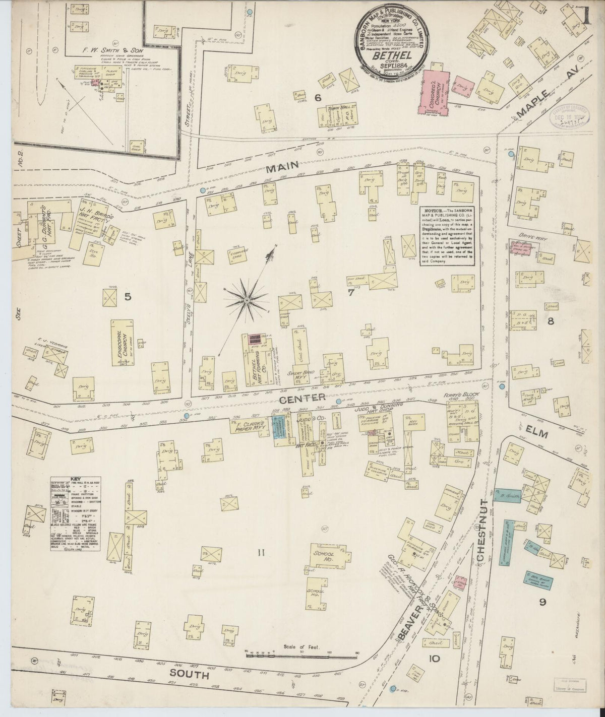 Sanborn Fire Insurance Map from Bethel, Fairfield County, Connecticut (1884), Sheet #0001 - Historic Sanborn Fire Insurance Map Print, vintage old map wall art, antique decor, genealogy gift, Connecticut Connecticut map