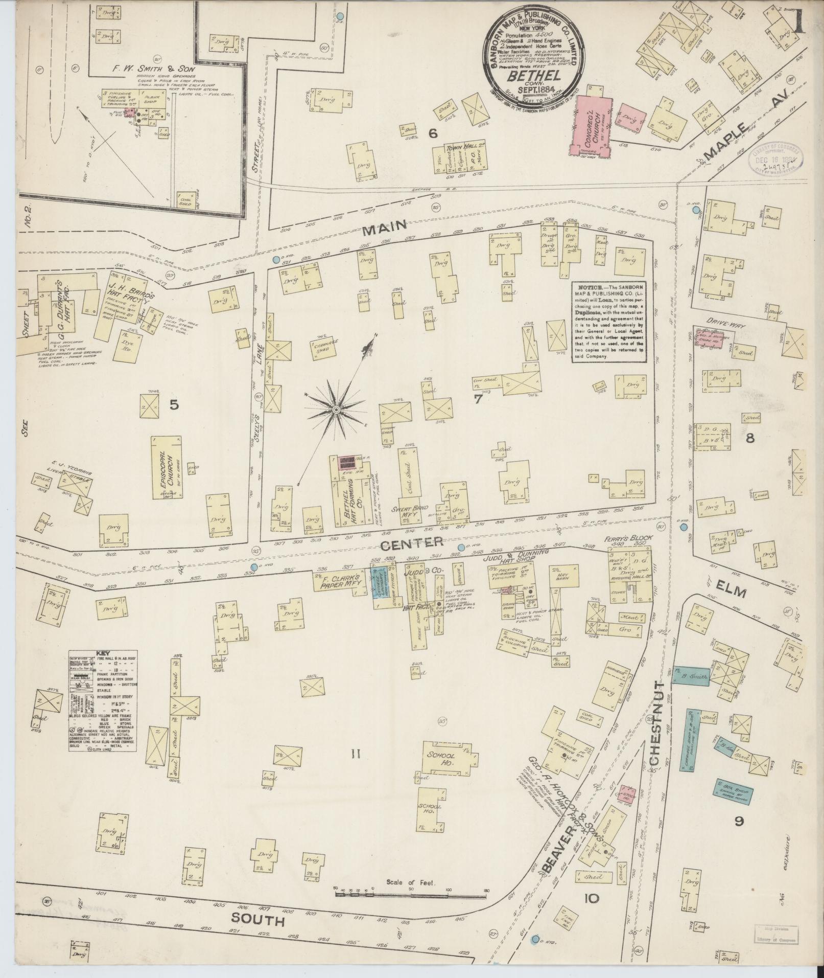Sanborn Fire Insurance Map from Bethel, Fairfield County, Connecticut (1884), Sheet #0001 - Historic Sanborn Fire Insurance Map Print, vintage old map wall art, antique decor, genealogy gift, Connecticut Connecticut map