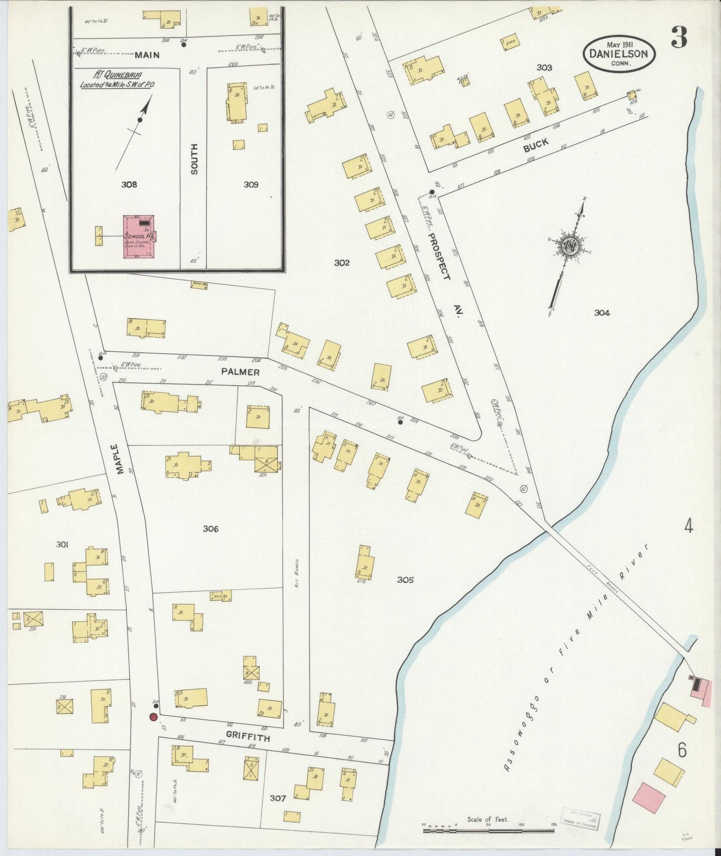 Sanborn Fire Insurance Map from Danielson, Windham County, Connecticut (1911), Sheet #0003 - Historic Sanborn Fire Insurance Map Print, vintage old map wall art, antique decor, genealogy gift, Connecticut Connecticut map