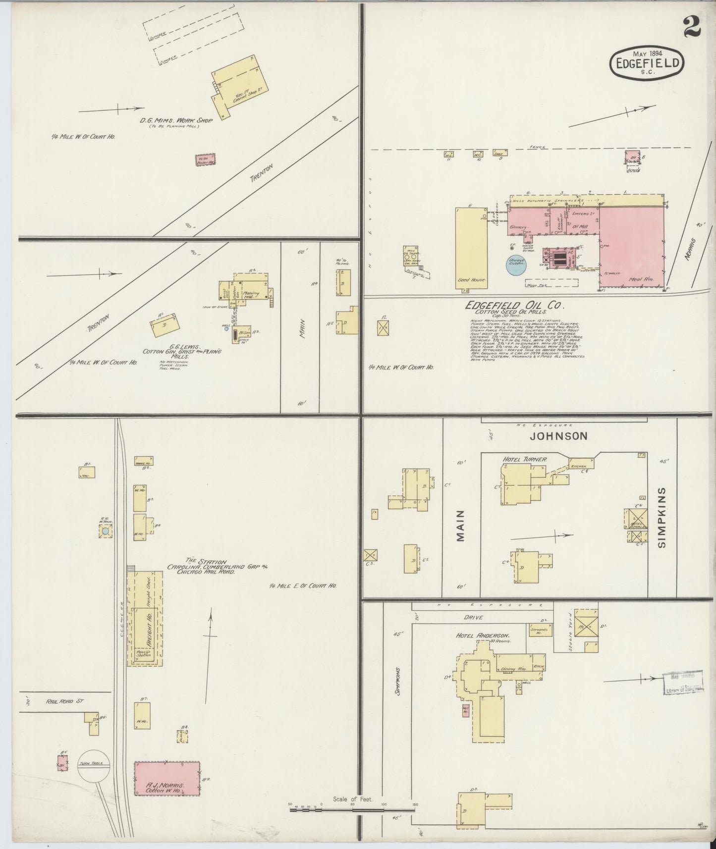 Sanborn Fire Insurance Map from Edgefield, Edgefield County, South Carolina (1894), Sheet #0002 - Historic Sanborn Fire Insurance Map Print, vintage old map wall art, antique decor, genealogy gift, South Carolina South Carolina map
