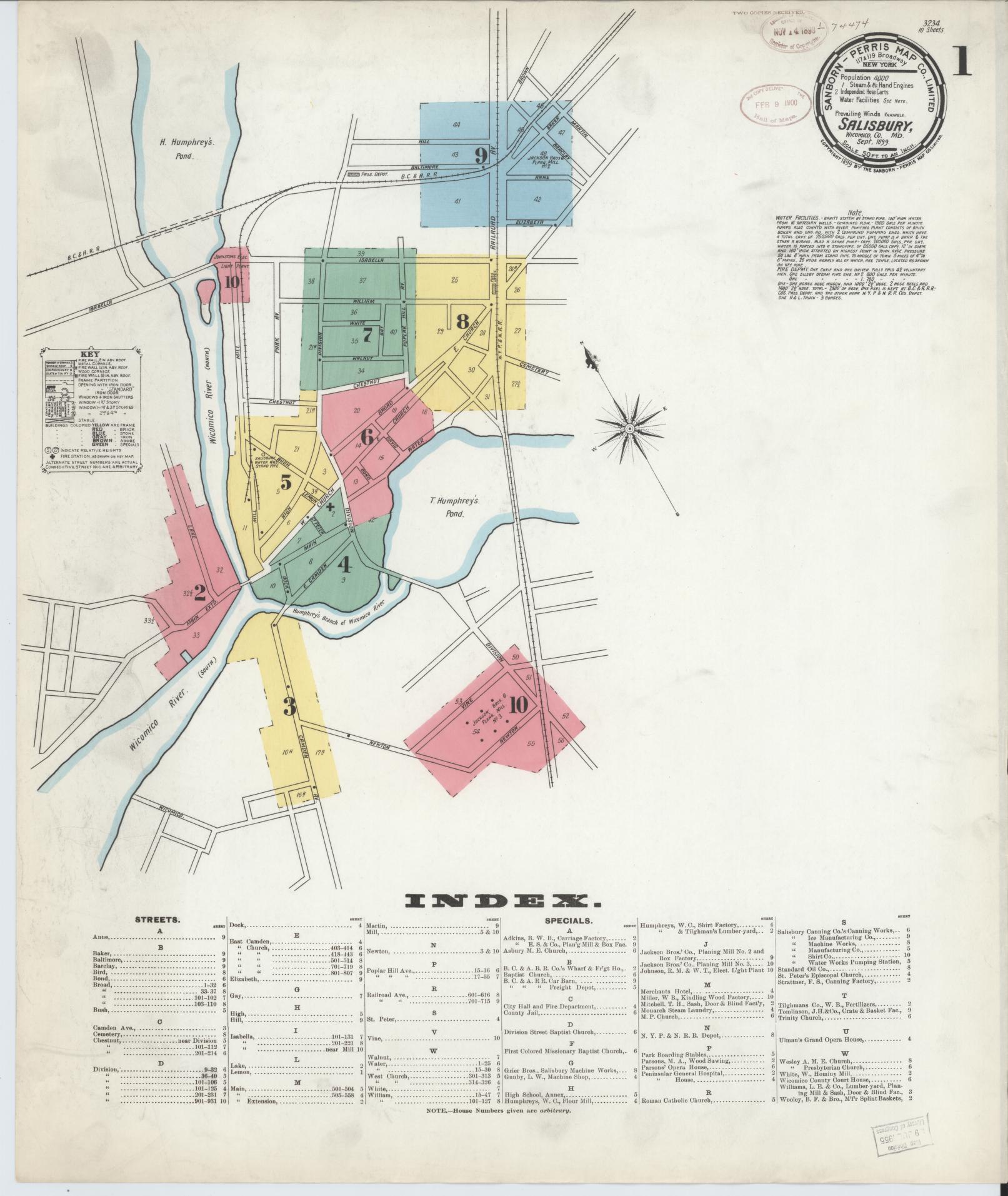 Sanborn Fire Insurance Map from Salisbury, Wicomico County, Maryland (1899), Sheet #0001 - Historic Sanborn Fire Insurance Map Print, vintage old map wall art
