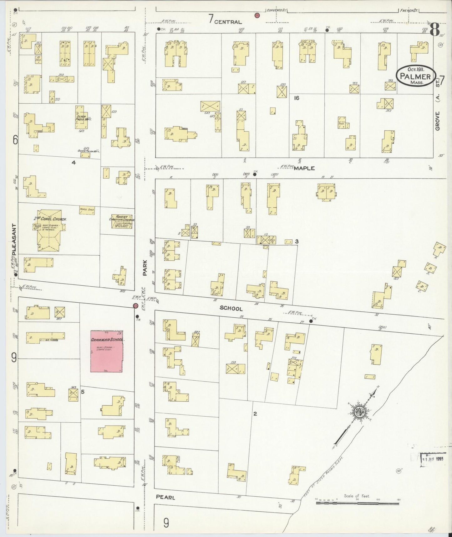 Sanborn Fire Insurance Map from Palmer, Hampden County, Massachusetts (1911), Sheet #0008 - Historic Sanborn Fire Insurance Map Print, vintage old map wall art, antique decor, genealogy gift, Massachusetts Massachusetts map