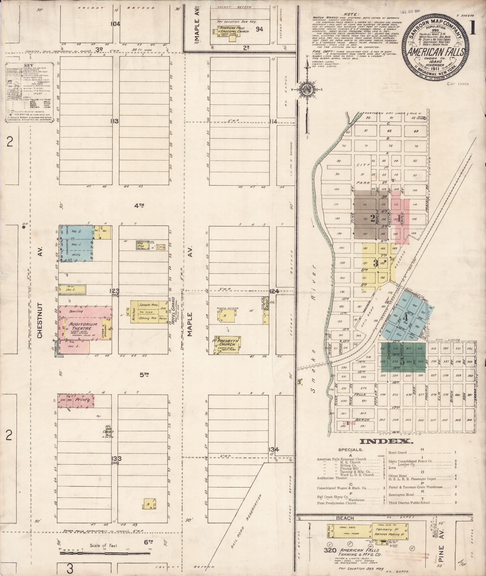 Sanborn Fire Insurance Map from American Falls, Power County, Idaho (1911), Sheet #0001 - Complete Map Set gallery image, historic Sanborn map, vintage wall art, Idaho Idaho