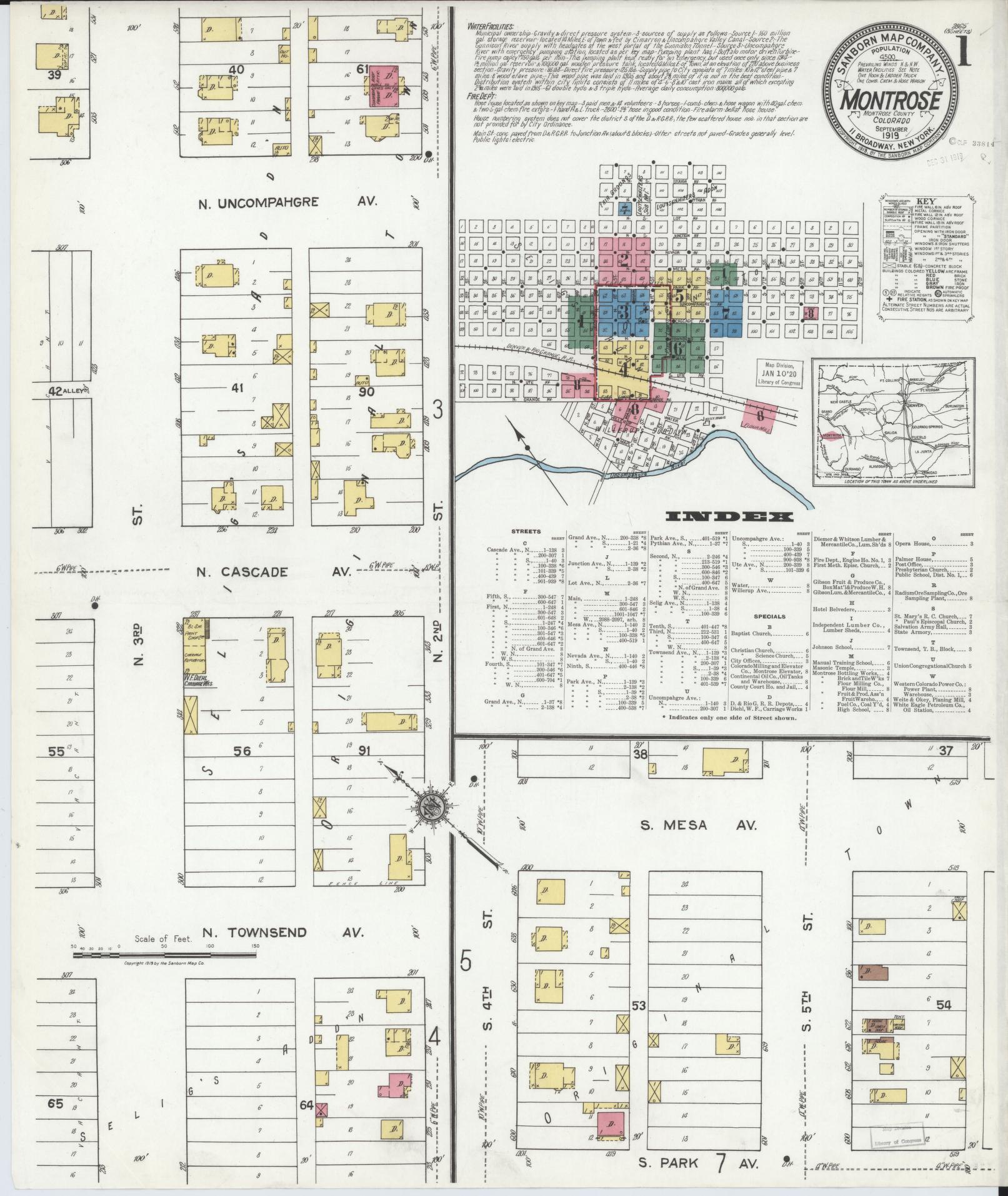 Sanborn Fire Insurance Map from Montrose, Montrose County, Colorado (1919), Sheet #0001 - Historic Sanborn Fire Insurance Map Print, vintage old map wall art, antique decor, genealogy gift, Colorado Colorado map