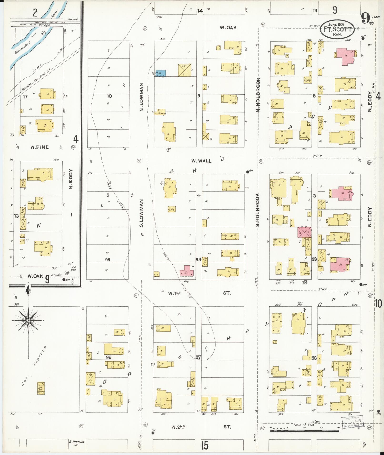 Sanborn Fire Insurance Map from Fort Scott, Bourbon County, Kansas (1906), Sheet #0009 - Historic Sanborn Fire Insurance Map Print, vintage old map wall art, antique decor, genealogy gift, Kansas Kansas map