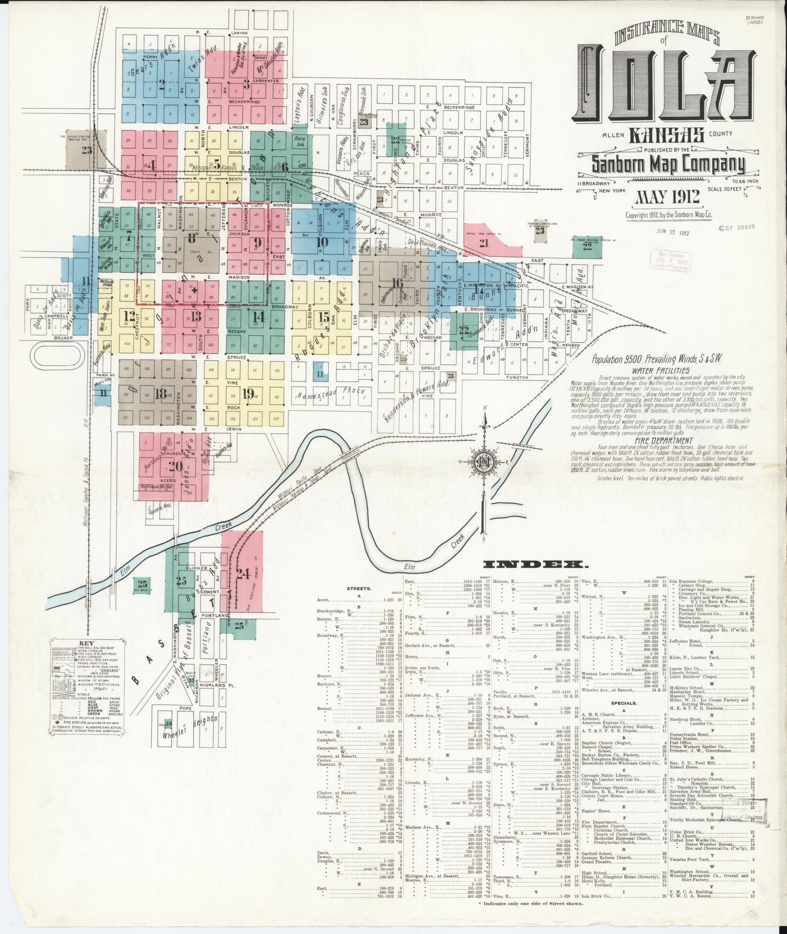 Sanborn Fire Insurance Map from Iola, Allen County, Kansas (1912), Sheet #0001 - Complete Map Set gallery image, historic Sanborn map, vintage wall art, Kansas Kansas