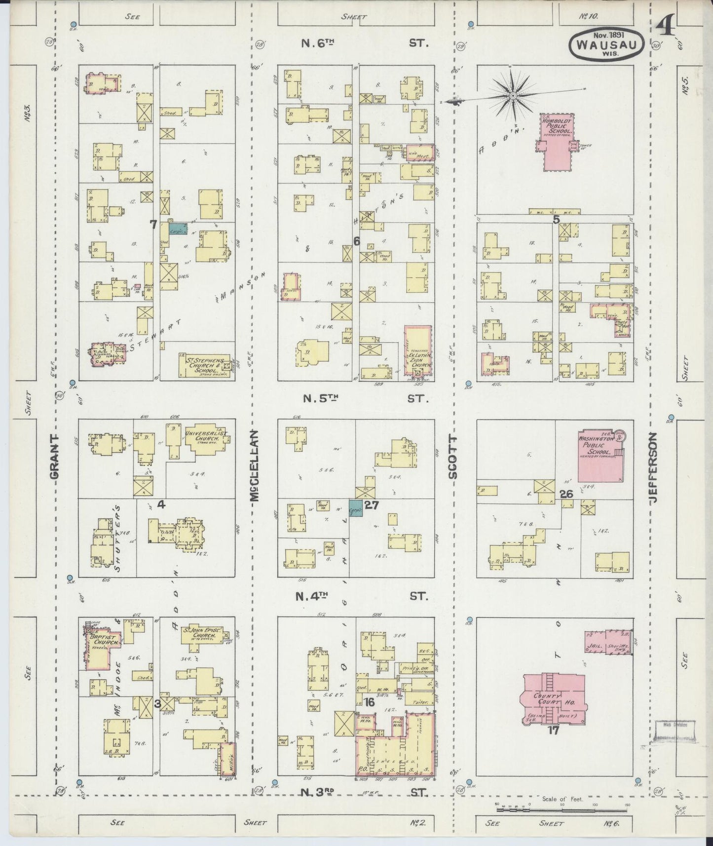 Sanborn Fire Insurance Map from Wausau, Marathon County, Wisconsin (1891), Sheet #0004 - Historic Sanborn Fire Insurance Map Print, vintage old map wall art, antique decor, genealogy gift, Wisconsin Wisconsin map