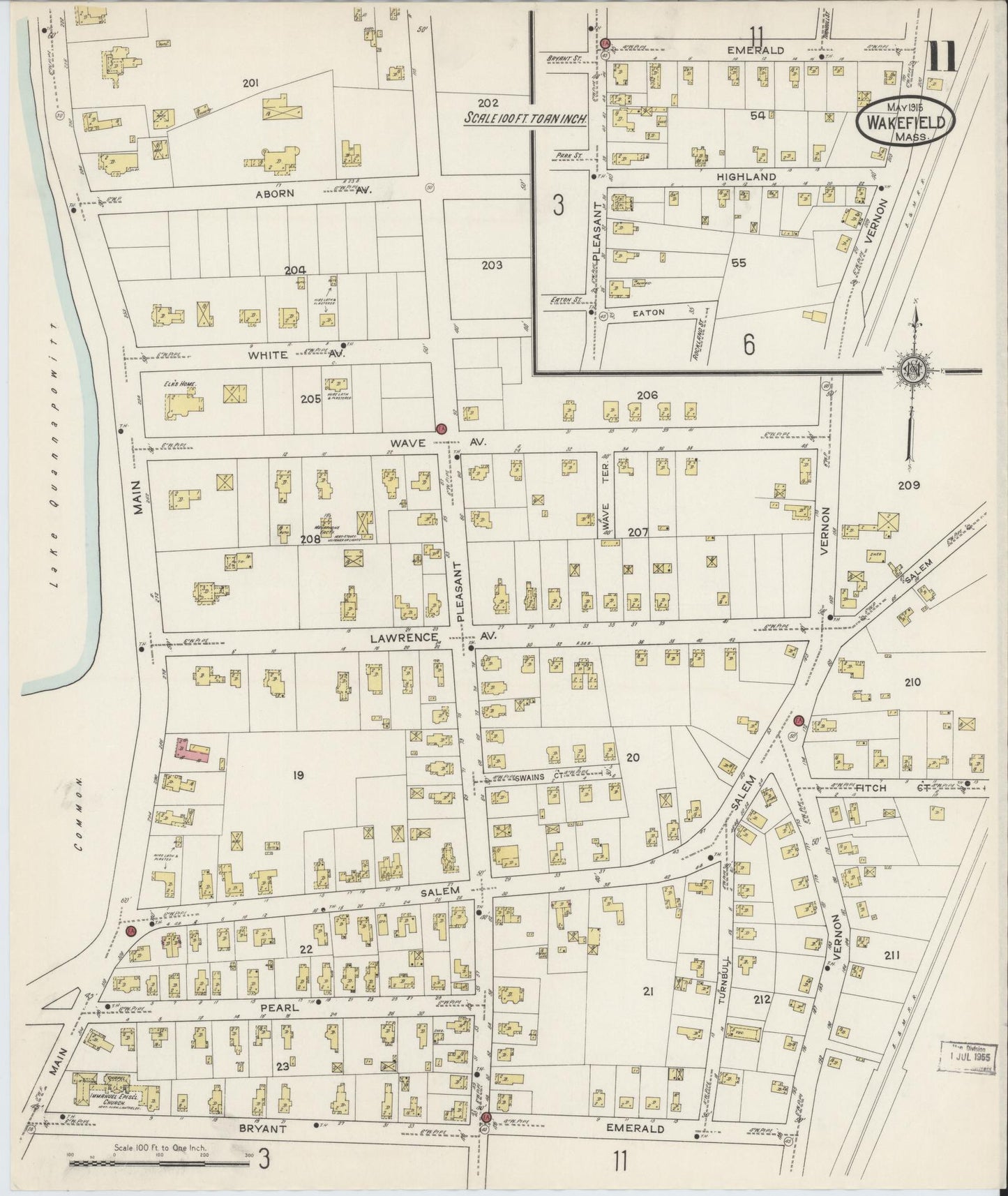Sanborn Fire Insurance Map from Wakefield, Middlesex County, Massachusetts (1915), Sheet #0011 - Historic Sanborn Fire Insurance Map Print, vintage old map wall art, antique decor, genealogy gift, Massachusetts Massachusetts map