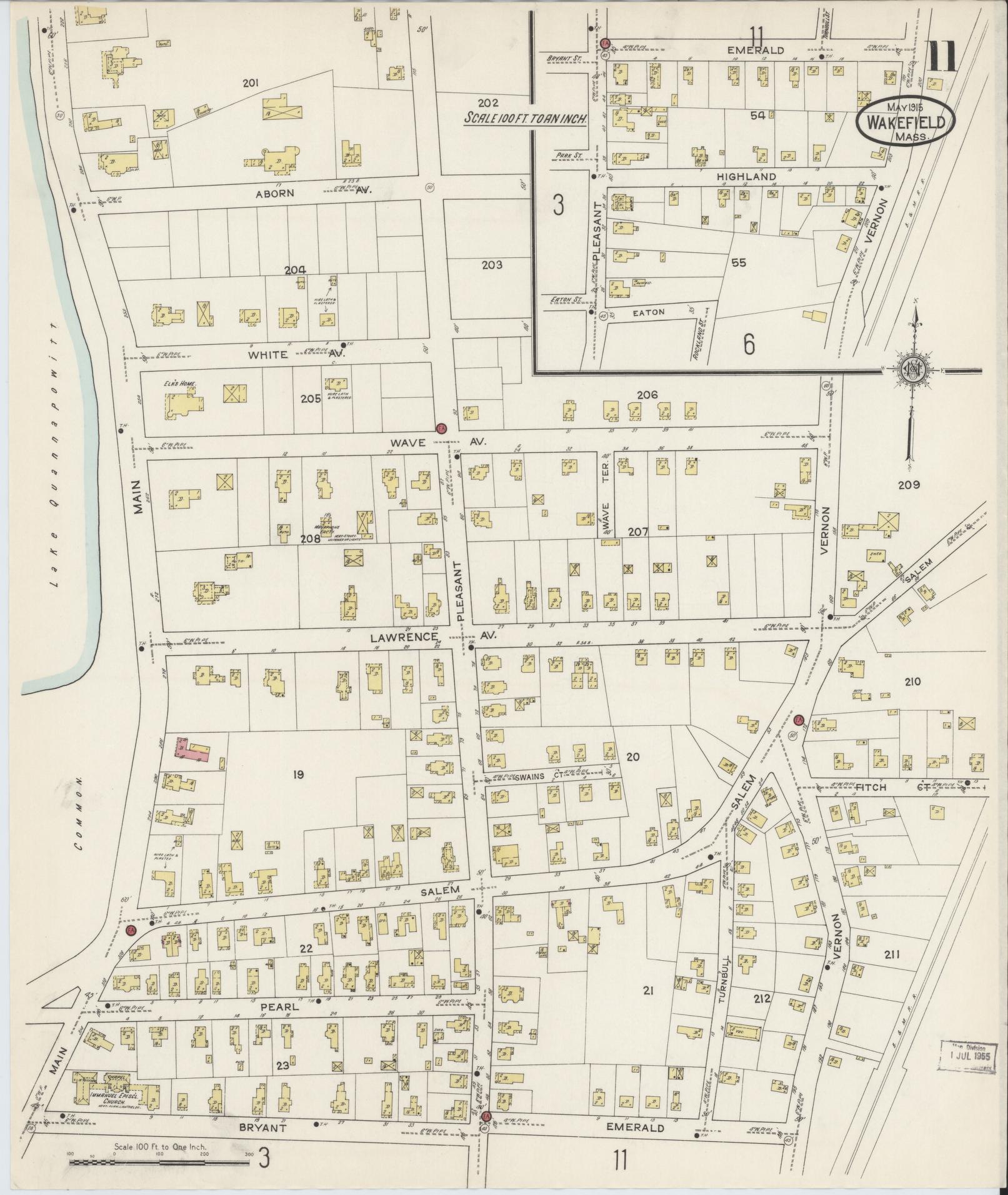 Sanborn Fire Insurance Map from Wakefield, Middlesex County, Massachusetts (1915), Sheet #0011 - Historic Sanborn Fire Insurance Map Print, vintage old map wall art, antique decor, genealogy gift, Massachusetts Massachusetts map