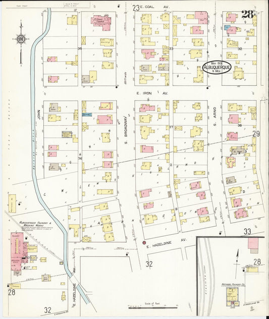 Sanborn Fire Insurance Map from Albuquerque, Bernalillo County, New Mexico (1913), Sheet #0028 - Historic Sanborn Fire Insurance Map Print, vintage old map wall art, antique decor, genealogy gift, New Mexico New Mexico map