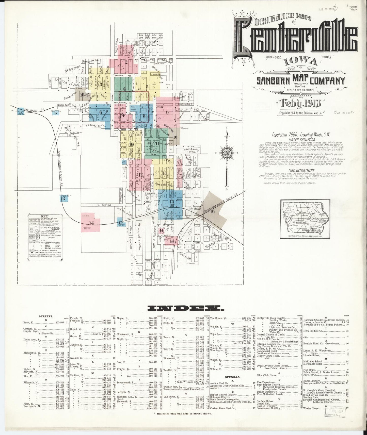 Sanborn Fire Insurance Map from Centerville, Appanoose County, Iowa (1913), Sheet #0001 - Historic Sanborn Fire Insurance Map Print, vintage old map wall art