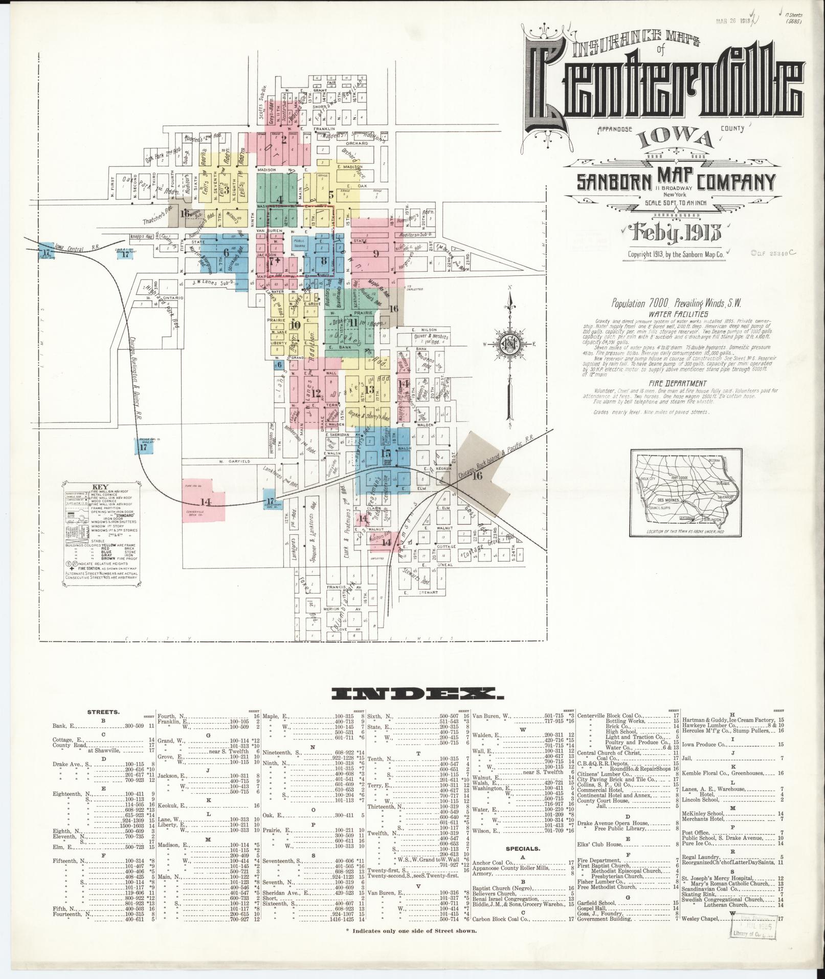 Sanborn Fire Insurance Map from Centerville, Appanoose County, Iowa (1913), Sheet #0001 - Historic Sanborn Fire Insurance Map Print, vintage old map wall art