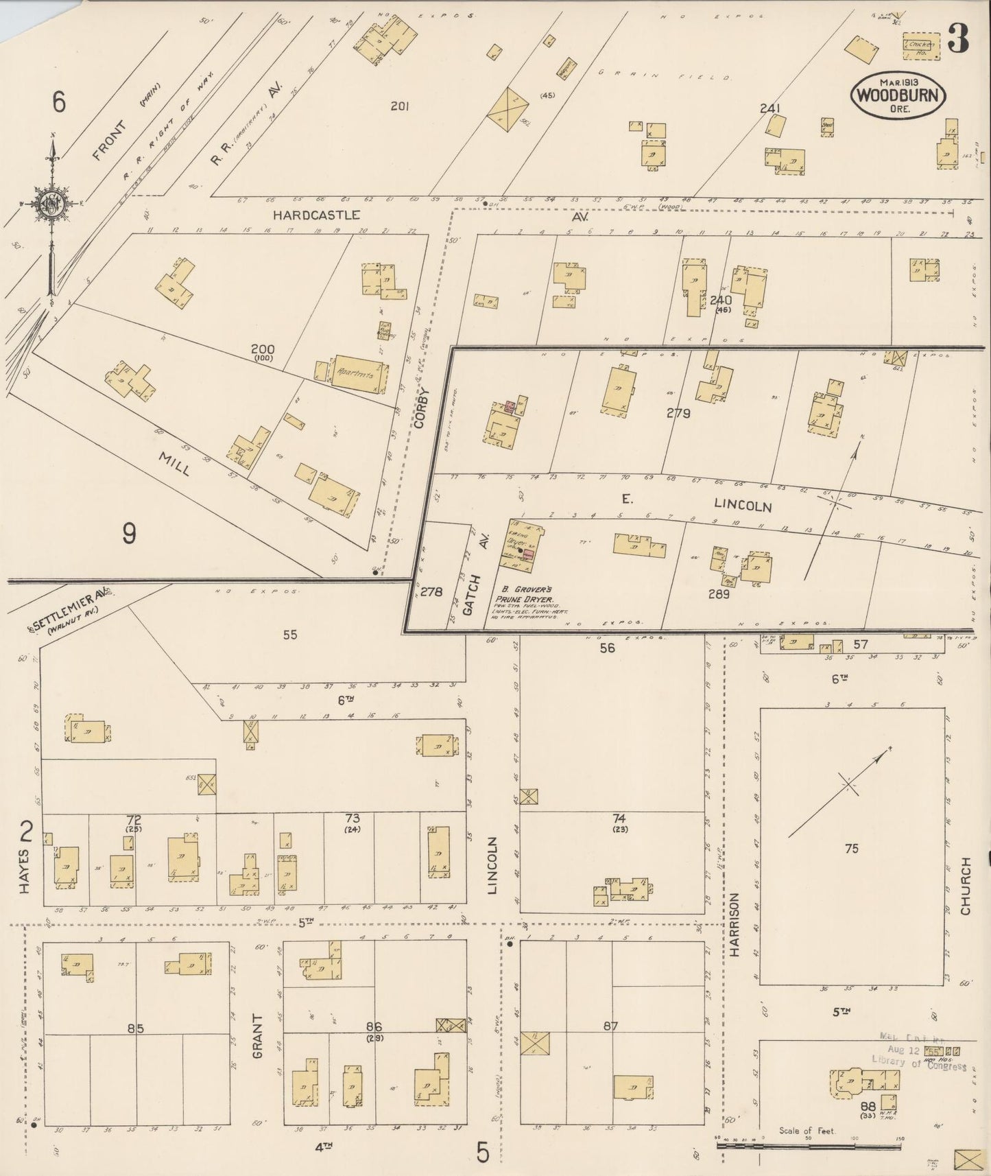 Sanborn Fire Insurance Map from Woodburn, Marion County, Oregon (1913), Sheet #0003 - Complete Map Set gallery image, historic Sanborn map, vintage wall art, Oregon Oregon