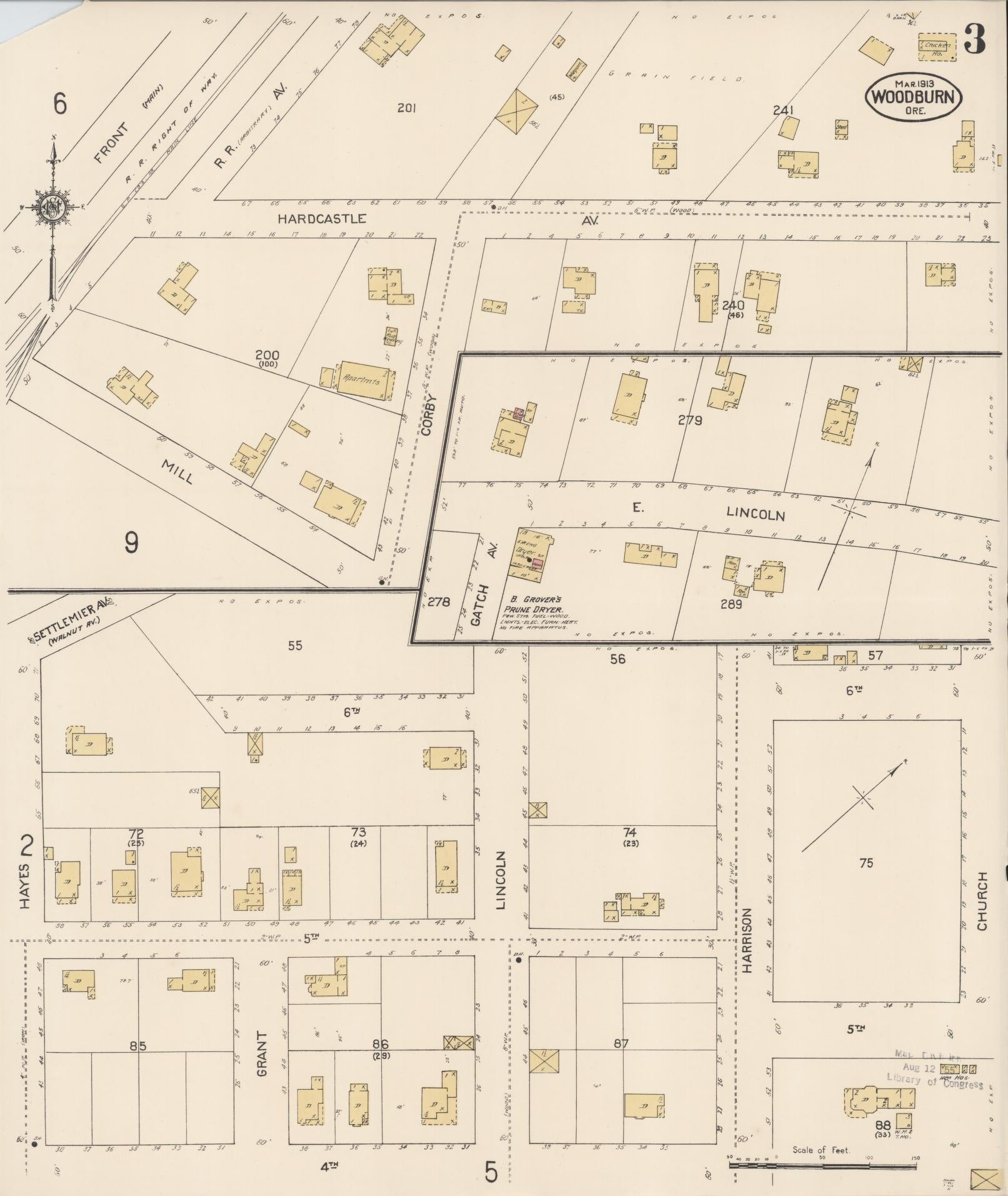 Sanborn Fire Insurance Map from Woodburn, Marion County, Oregon (1913), Sheet #0003 - Complete Map Set gallery image, historic Sanborn map, vintage wall art, Oregon Oregon