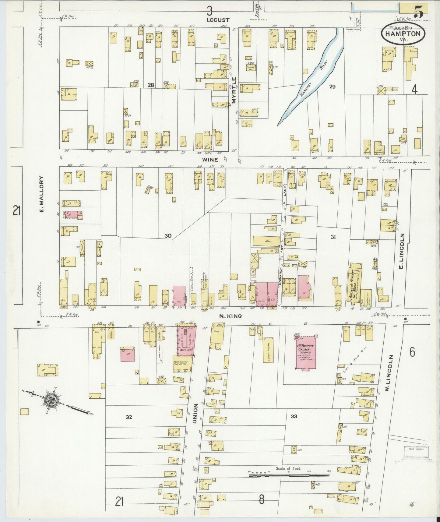 Sanborn Fire Insurance Map from Hampton, Independent Cities, Virginia (1910), Sheet #0005 - Complete Map Set gallery image, historic Sanborn map, vintage wall art, Virginia Virginia