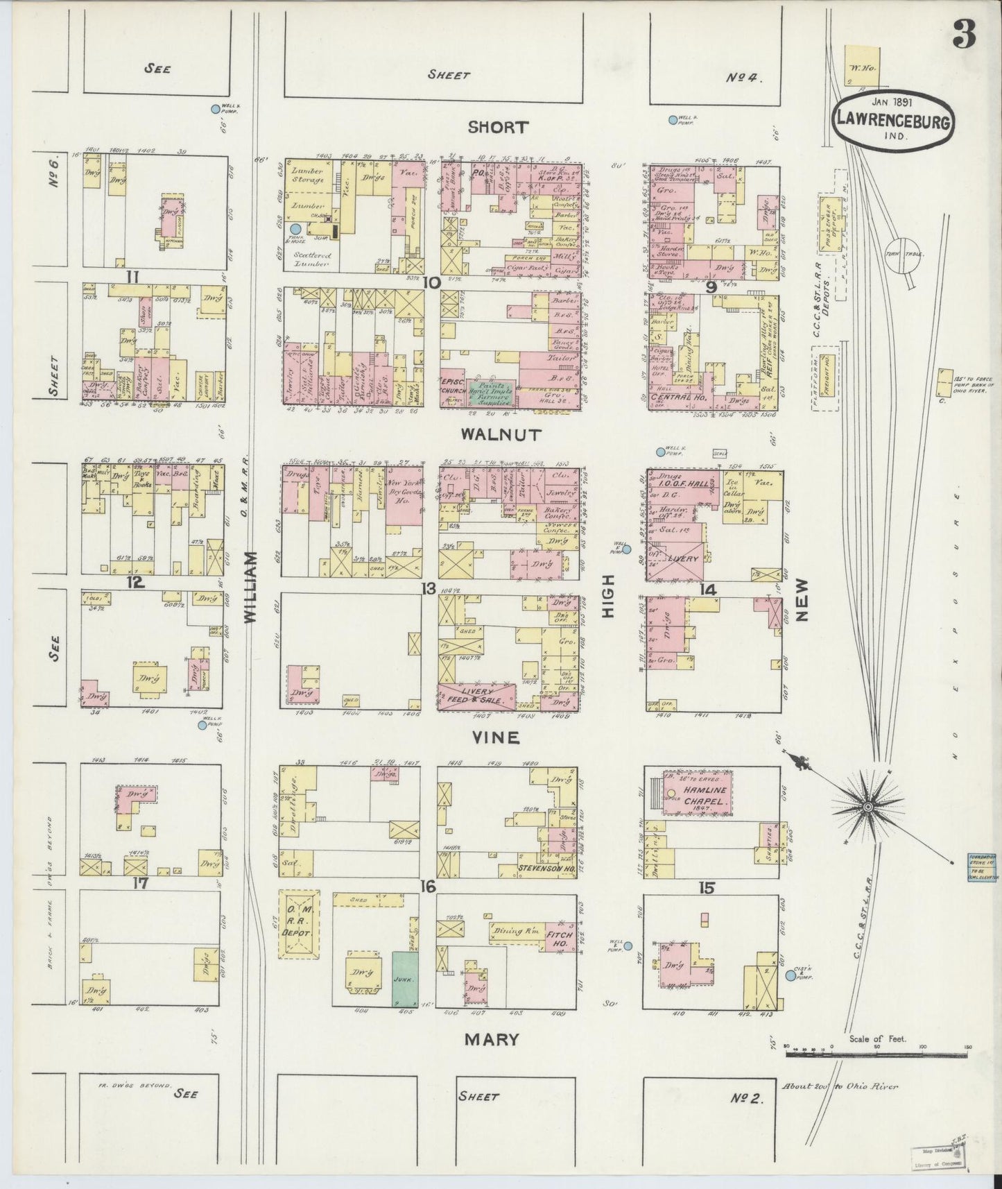 Sanborn Fire Insurance Map from Lawrenceburg, Dearborn County, Indiana (1891), Sheet #0003 - Complete Map Set gallery image, historic Sanborn map, vintage wall art, Indiana Indiana