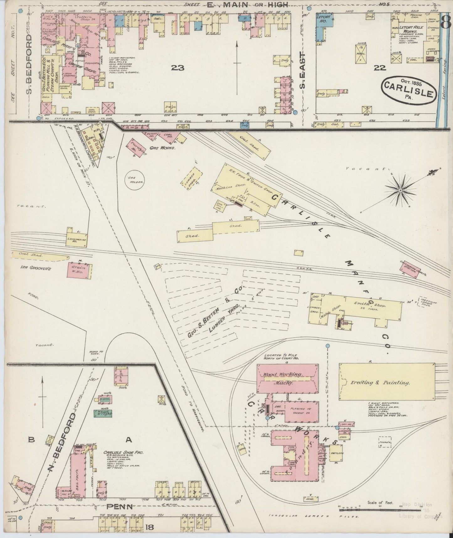 Sanborn Fire Insurance Map from Carlisle, Cumberland County, Pennsylvania (1885), Sheet #0008 - Historic Sanborn Fire Insurance Map Print, vintage old map wall art, antique decor, genealogy gift, Pennsylvania Pennsylvania map