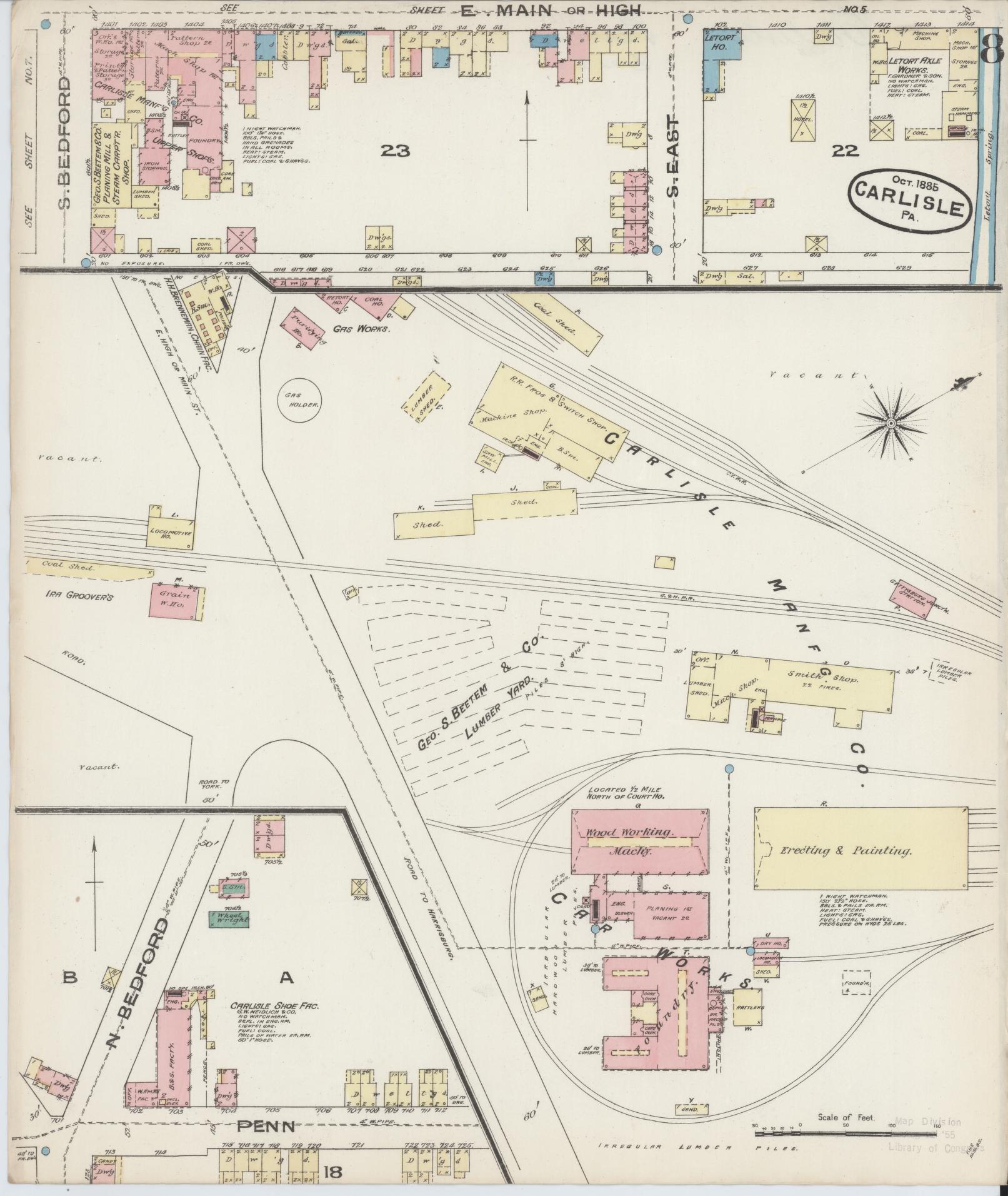 Sanborn Fire Insurance Map from Carlisle, Cumberland County, Pennsylvania (1885), Sheet #0008 - Historic Sanborn Fire Insurance Map Print, vintage old map wall art, antique decor, genealogy gift, Pennsylvania Pennsylvania map