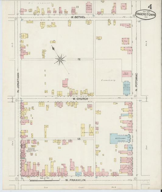 Sanborn Fire Insurance Map from Hagerstown, Washington County, Maryland (1887), Sheet #0004 - Historic Sanborn Fire Insurance Map Print, vintage old map wall art, antique decor, genealogy gift, Maryland Maryland map