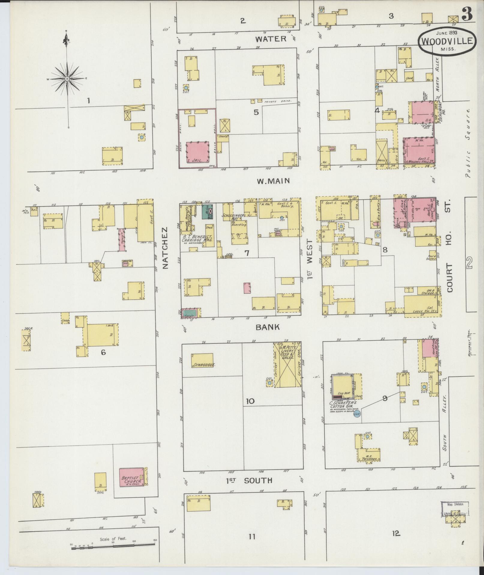 Sanborn Fire Insurance Map from Woodville, Wilkinson County, Mississippi (1893), Sheet #0003 - Historic Sanborn Fire Insurance Map Print, vintage old map wall art, antique decor, genealogy gift, Mississippi Mississippi map