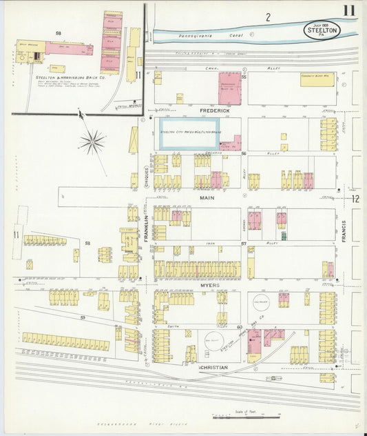 Sanborn Fire Insurance Map from Steelton, Dauphin County, Pennsylvania (1909), Sheet #0011 - Historic Sanborn Fire Insurance Map Print, vintage old map wall art, antique decor, genealogy gift, Pennsylvania Pennsylvania map