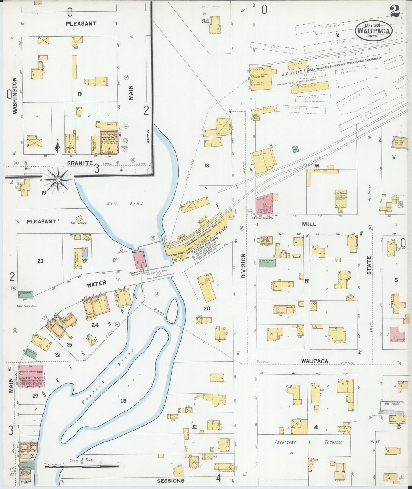 Sanborn Fire Insurance Map from Waupaca, Waupaca County, Wisconsin (1901), Sheet #0002 - Historic Sanborn Fire Insurance Map Print, vintage old map wall art, antique decor, genealogy gift, Wisconsin Wisconsin map