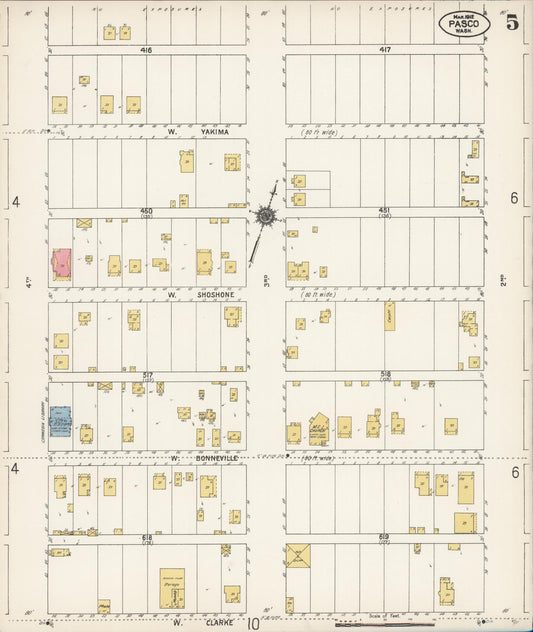 Sanborn Fire Insurance Map from Pasco, Franklin County, Washington (1912), Sheet #0005 - Historic Sanborn Fire Insurance Map Print, vintage old map wall art, antique decor, genealogy gift, Washington Washington map