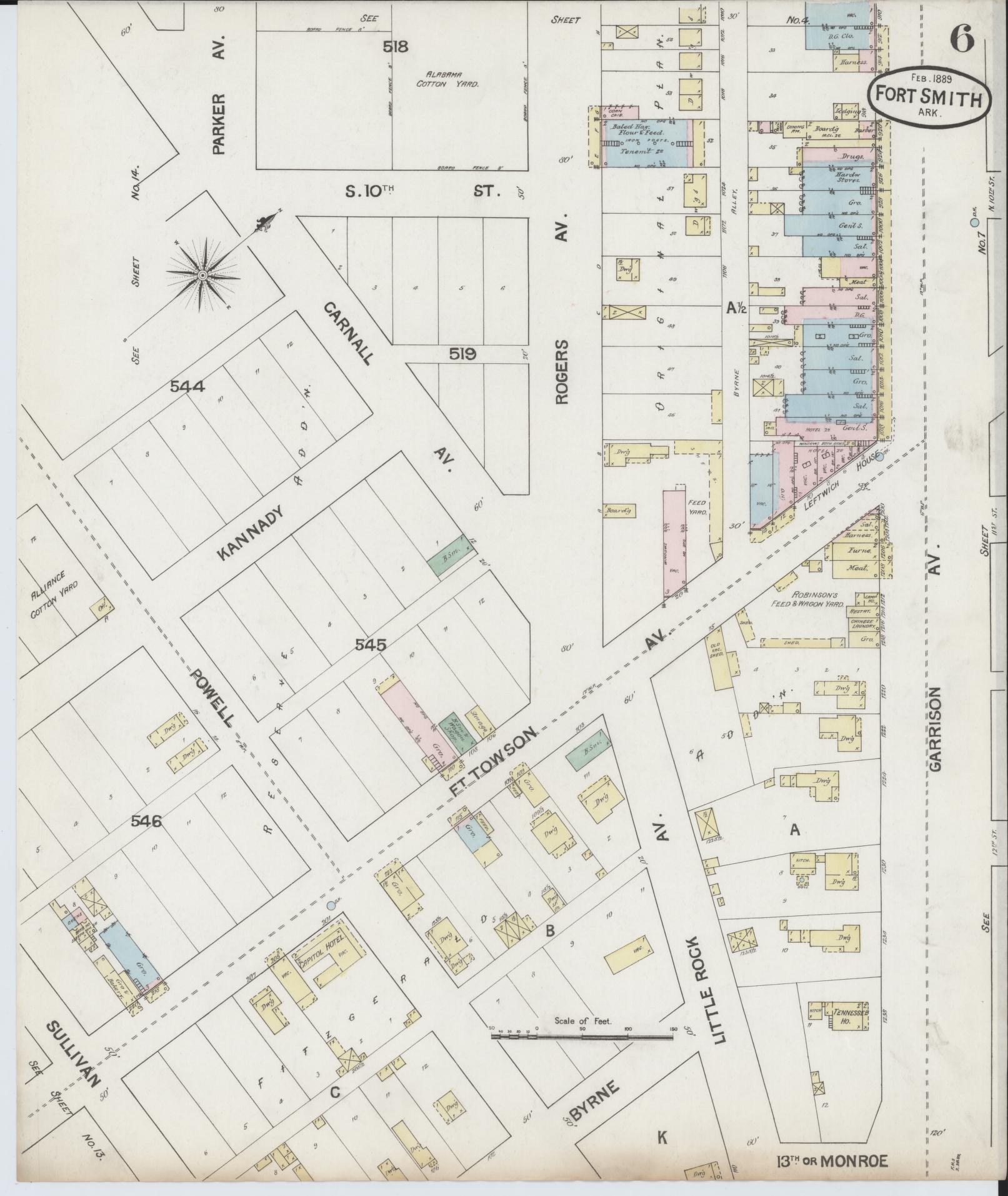 Sanborn Fire Insurance Map from Fort Smith, Sebastian County, Arkansas (1889), Sheet #0006 - Historic Sanborn Fire Insurance Map Print, vintage old map wall art, antique decor, genealogy gift, Arkansas Arkansas map